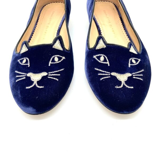 Charlotte Olympia Kitty Cat Navy Blue Velvet Flats Loafers Gold, EU 39 US 8.5-9 - Picture 5 of 12